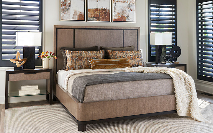 The Cape Verde bed features three overlay panels in the lighter Senegal finish over a contrasting back panel in the deep espresso Tunis finish.